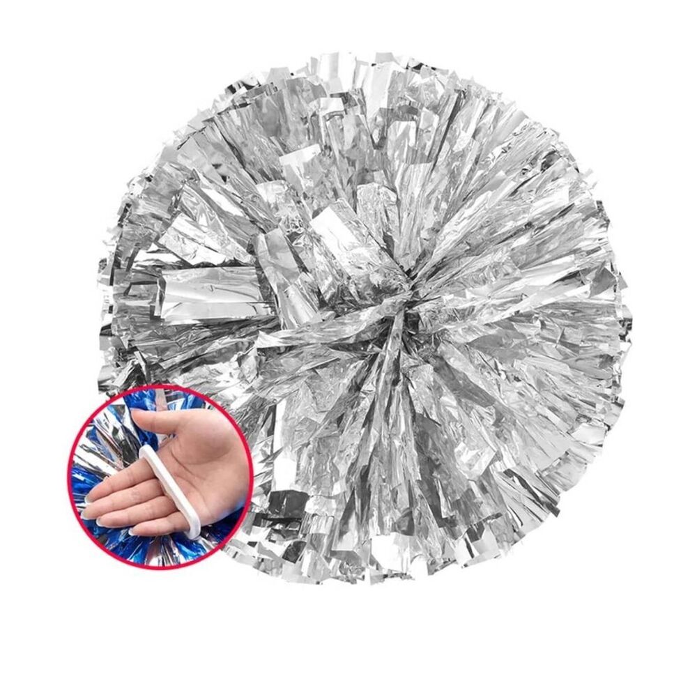 Pom Poms 12" Cheerleading Metallic Foil & Plastic Ring Silver 2 in Set